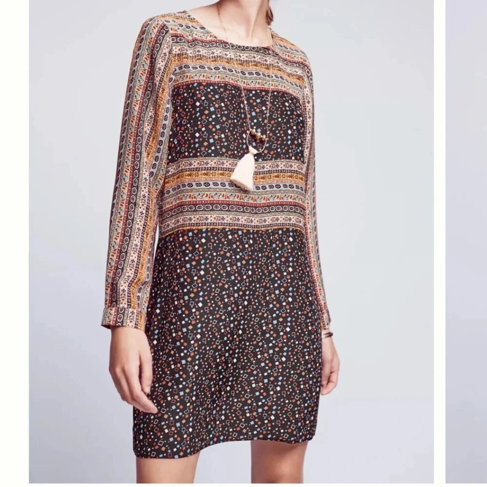 Burning Torch Anthropologie 100% Silk Norwegian Stripe Silk Dress Size L EUC